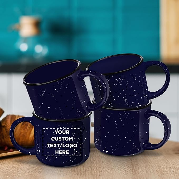 DISCOUNT PROMOS Custom Ceramic Campfire Coffee Mugs 13 oz. Set of 10, Personalized Bulk Pack - Perfect for Tea, Espresso, Cappuccino, Hot Cocoa - Blue-CubbioJoy