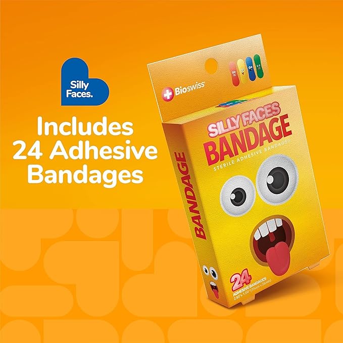 BioSwiss Bandages, Silly Faces Self Adhesive Bandage, Googly Eyes Latex Free Sterile Wound Care, Standard Shape for Kids and Adults, 24 Count-CubbioJoy