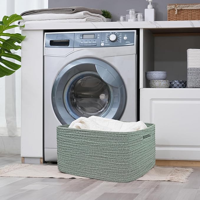 COMFY-HOMI Cotton Rope Woven Basket with Handles for Shelves,Toys,Book, Cloth Storage Baskets for Organizing-17" x 13" x 7.5" Toy Decorative Organizer for Living Room, Bathroom （Green）-CubbioJoy