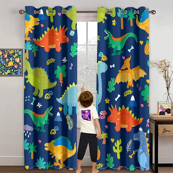 Cartoon Dinosaur Blackout Curtain Panels Curtains Blue Curtains for Boys Bedroom Grommet Top Window Treatment 2 Panels Drapes Kids Room Decor Navy Blue Curtains 84 Inch Length, 82" x 84"-CubbioJoy