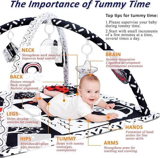Black and White Baby Gym Play Mat with 6 Toys Tummy Time Activity Mat for Babies 0-6 6-12 Months High Contrast Baby Gyms & Playmats Sensory Toys Newborn Brain Development Infant Play Mat-CubbioJoy