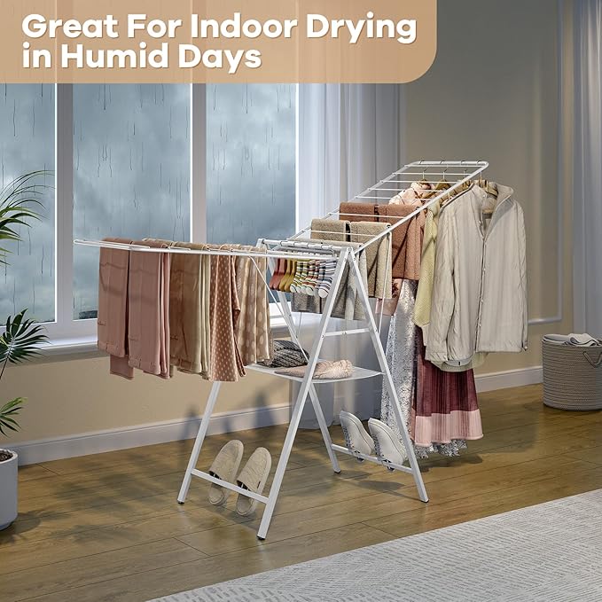 APEXCHASER Drying Rack Clothing, Clothes Drying Rack Foldable, Metal Laundry Drying Rack Collapsible for Sweater Towel Indoor Outdoor, Gullwing Clothes Rack Drying with Height Adjustable Rails, White-CubbioJoy