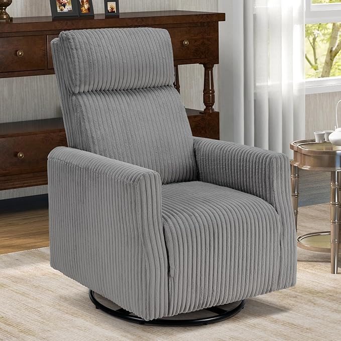CANMOV Swivel Rocker Chair for Nursery, Swivel Accent Chair with High Back and Arms, Corduroy Glider Chair for Living Room Bedroom Nursery, Grey-CubbioJoy