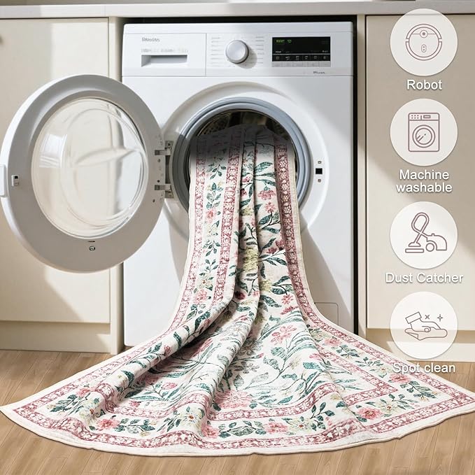 Area Rugs 9x12 Living Room: Floral Washable Rug Vintage Large Soft Boho Non-Slip Carpet Indoor Stain Resistant Low Pile Carpets for Bedroom Dining Room Farmhouse Nursery Hallway Home Office Pink Green-CubbioJoy