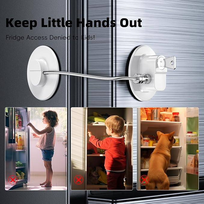 2 Pack Refrigerator Lock with Sticky Adhesive Pads, Child Proof Refrigerator/Fridge/Freezer Door Lock for Toddlers and Kids, Baby Safety Locks for RV Refrigerator, Cabinets and Drawers, Oven (Patent)-CubbioJoy