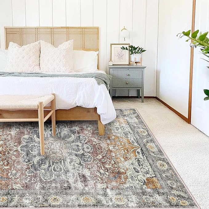 Area Rug 10x14 Washable Taupe Vintage Traditional Mat Distressed Indoor Foldable Thin Rug Retro Accent Floral Non Slip Carpet for Living Room Dining Room Office-CubbioJoy