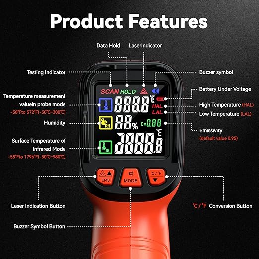 Infrared Thermometer Temperature Gun -58°F to 1796°, 16:1 Non Contact Laser Thermometer Gun with Thermocouple Probe for Humidity, Pizza Oven, Griddle, Ir Temp Gun for Home and Industry Repair-CubbioJoy