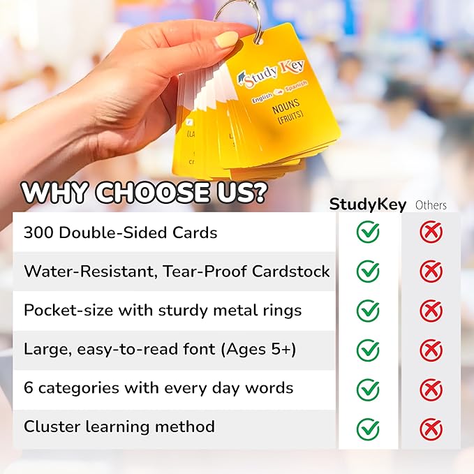 300 Vocabulary Flashcards | Double Sided English-Spanish Bilingual Flashcards for Adults & Kids Ages 12+ | Portable Noun Flash Cards to Learn Spanish for Adult Beginners-CubbioJoy