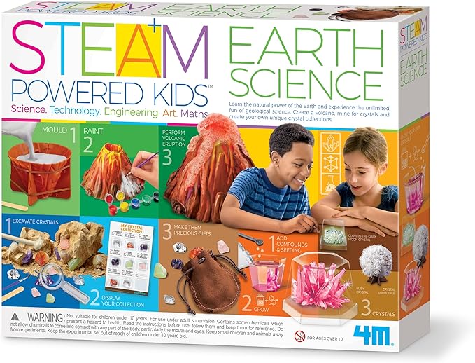 4M - STEAM Earth Science - Educational Science Kits for Kids Ages 5+ with 5 Experiments: Volcano Eruption, Excavate Crystals, Crystal Growing, & More - Hands-On Geology STEM Learning Science for Kids-CubbioJoy