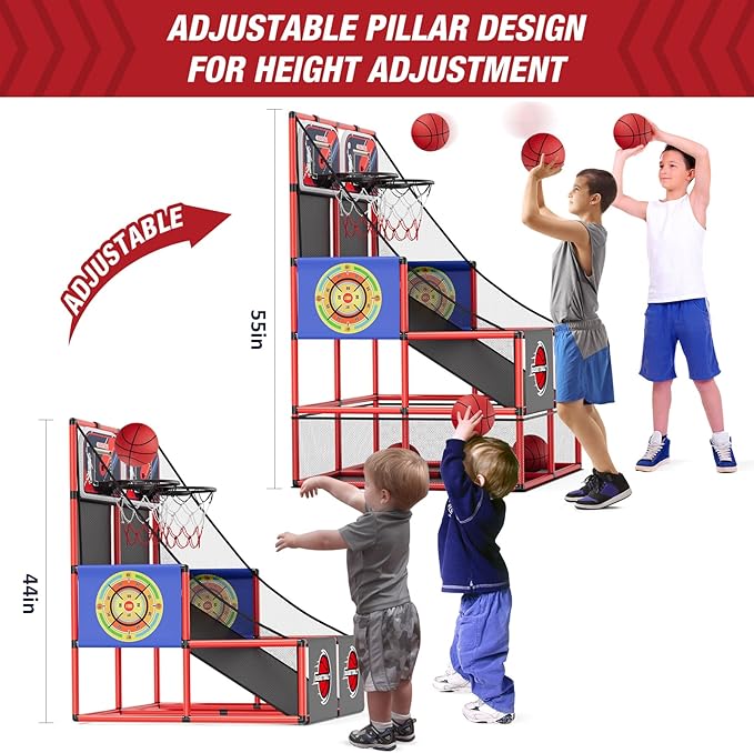 2 in 1 Dual Shot Basketball Arcade Game with 2 Dart Boards/Electronic Scoreboard/LED Light, Kids Basketball Hoop for Home Indoor Outdoor, Sport Toys Gifts for Boys Girls-CubbioJoy