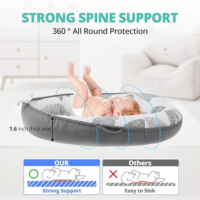 Baby Lounger - Baby Lounger for Newborn 0-24 Months, Breathable, Soft Cotton Baby Nest, Portable Infant Lounger for Home & Travel, Newborn Essentials Gift (Grey Leaf)-CubbioJoy