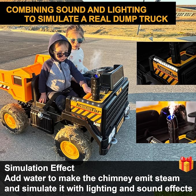 24V Ride On Dump Truck, 24inch-2 Seater Ride On Car for Kids w/Remote Control 4WD/2WD Up to 5 Mph, 24v Ride on Toys for Big Kids w/Electric Dump Bed Extra Shovel Traffic Cones (Yellow)-CubbioJoy