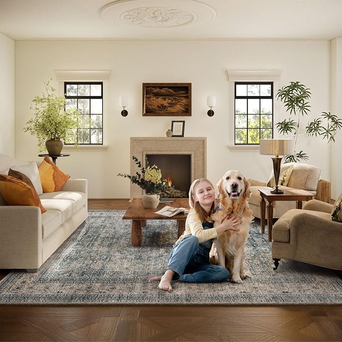 Area Rugs 9x12 Living Room: Washable Rugs for Bedroom Vintage Stain Resistant Non Slip Low Pile Large Boho Carpet for Kitchen Dining Room Farmhouse Kids Room Nursery-CubbioJoy