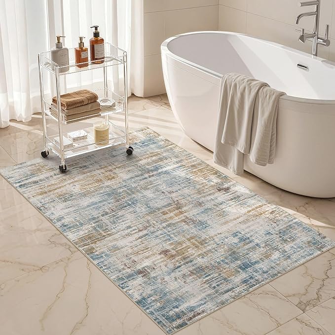 Area Rug for Living Room: 3x5 Washable Neutral Abstract Modern Soft Rugs Non Slip Indoor Floor Stain Resistant Carpet for Bedroom Dining Room Office Nursery - Blue Brown-CubbioJoy