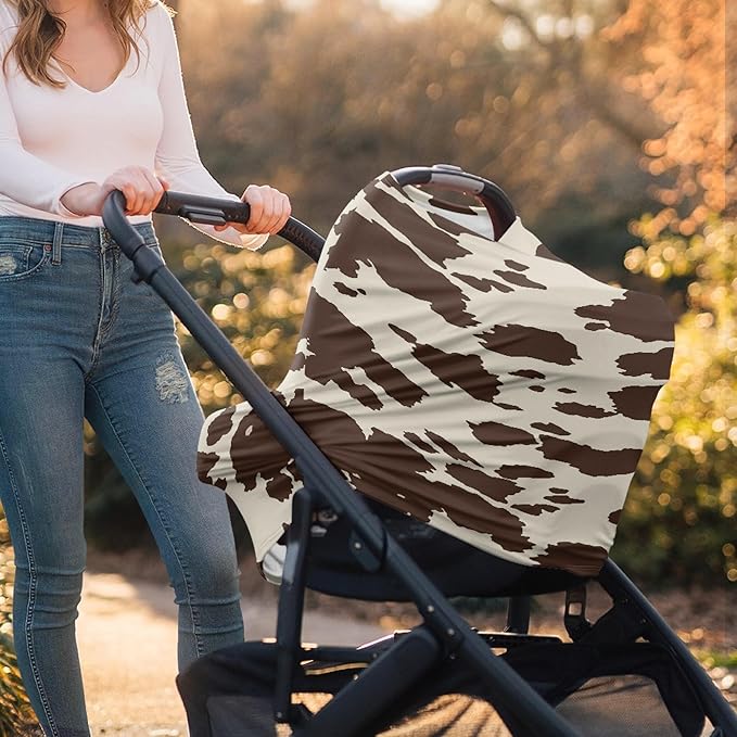Binienty Baby Car Seat Covers Nursing Cover Soft Stretch Breastfeeding Scarf, Animal Brown Cow Stripe Print, Baby Infants Canopies-CubbioJoy