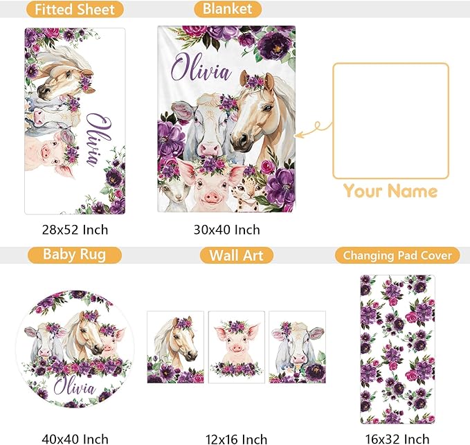 Custom Baby Crib Bedding Set, 5 Pcs Personalized Name Baby Crib Sets for Infant Toddler, Floral Horse Nursery Bedding Set for Baby Girls, Double Layer Baby Bedding Sets, Gifts for New Parents-CubbioJoy