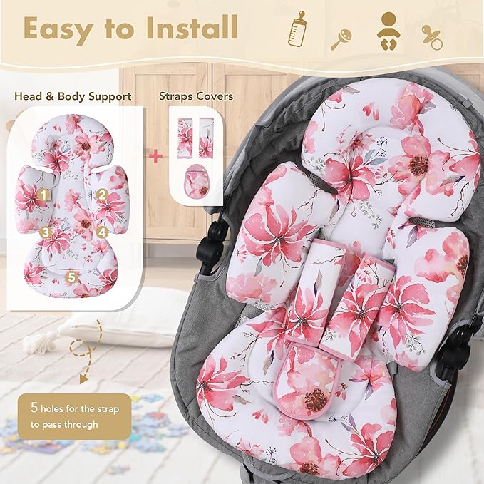 Infant Car Seat Insert, 2-in-1 Head & Body Carseat Support for Baby Newborn Toddler with Strap Covers, Reversible Ultra-Soft Cushion for Baby Carseat, Stroller, Swing & Bouncer-CubbioJoy