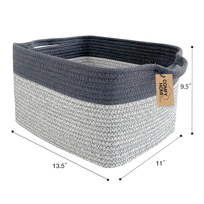 COMFY-HOMI Cotton Rope Woven Basket with Handles for Shelves,Toys,Book, Cloth Storage Baskets Bin for Organizing-13.5"x11"x9.5" Toy Decorative Organizer for Living Room, Bathroom-Light Grey-CubbioJoy