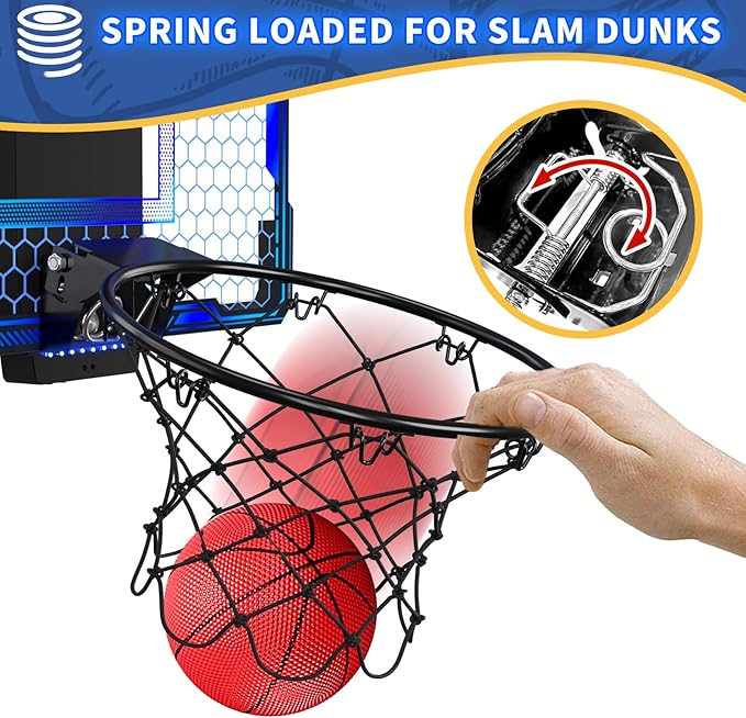 Basketball Hoop Indoor, Mini Basket Ball Hoop with 7 LED Lighting, Scoreboard, Over Door Basketball Hoop with 3 Modes, Volume Adjustable, Foldable, Basketball Toys Gifts for Kids Adults (Blue)-CubbioJoy