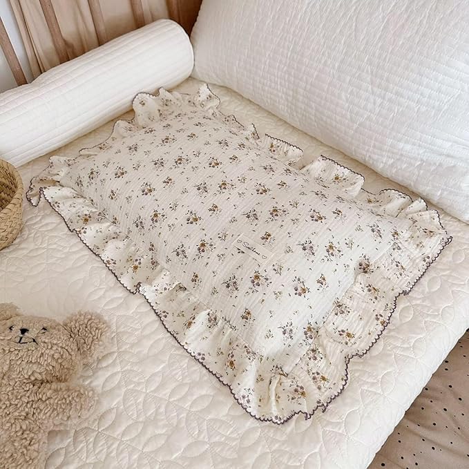 BuLuTu Floral Toddler Pillow Cases Cotton Muslin Cotton Pillowcases for Girls Nursery Pillow, Kids Pillow Cover for Crib/Toddler Bed, Envelope Closure,1 Piece, Crapemyrtle Pattern, 14"x20"-CubbioJoy