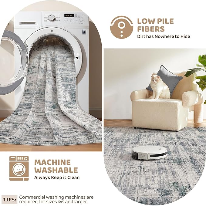 Area Rug for Living Room: 7x9 Washable Neutral Abstract Modern Soft Rugs Non Slip Indoor Floor Stain Resistant Large Carpet for Bedroom Dining Room Office Nursery - Gray-CubbioJoy