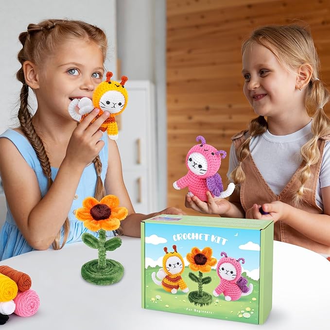 Crochet Kit for Beginners, 2PCS Cats Dressed as Bee and Butterfly Crochet Kits with Step-by-Step Video Tutorials, Beginner Crochet Kits for Kids and Adults, Animal Crocheting Kit for Starters-CubbioJoy