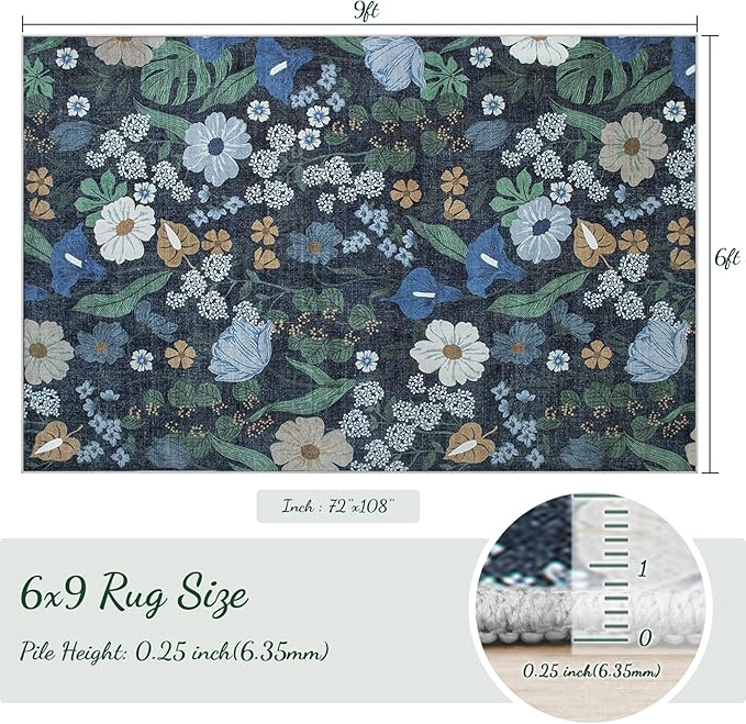 Area Rug Living Room Rugs: 6x9 Washable Rug Vintage Floral Soft Boho Non Slip Carpet Indoor Floor Non Shedding Low Pile Thin Carpets for Bedroom Dining Room Farmhouse Nursery Home Office Blue-CubbioJoy