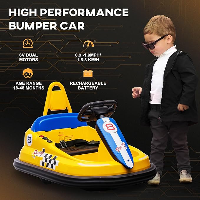 Aosom Toddler Bumper Car, 360° Rotation 6V Kids Electric Ride on Bumper Car with EVA Bumper Edges, Twins Motor, Songs, Horn, LED Lights, Safety Belt for 18-48 Months, Yellow-CubbioJoy