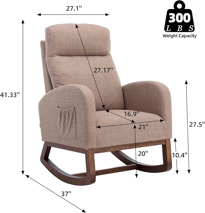 Dolonm Nursery Rocking Chair for Living Room, Upholstered Mid-Century Modern Nursery Rocking Armchair Tall Back Accent Glider Rocker, Camel-CubbioJoy