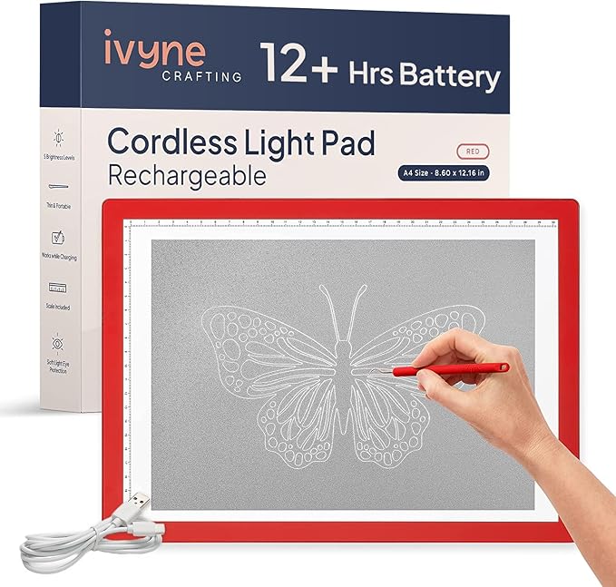 iVyne Rechargeable A4 Light Pad for Tracing & Weeding - LED Light Board for Weeding Vinyl - for Cricut Vinyl Weeding Tools - Ultra-Thin & Portable - Perfect for Artists & Crafters - Red-CubbioJoy