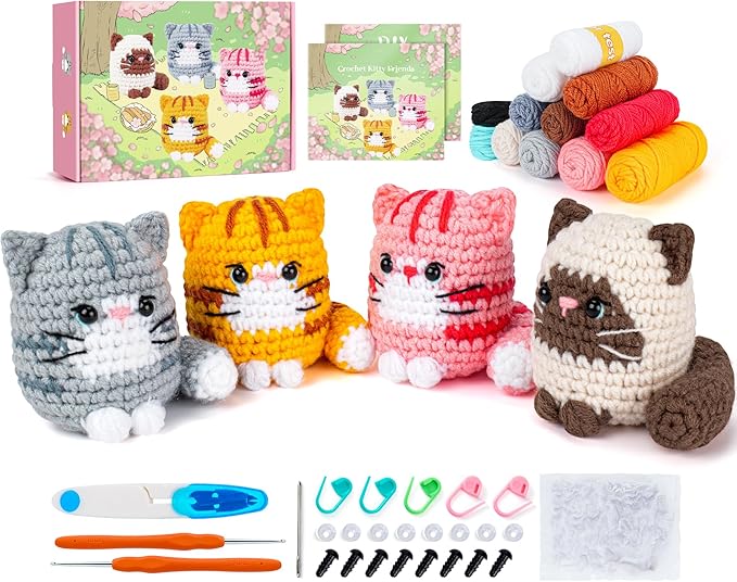 Crochet Kit for Beginners -4 PCS Cat Crochet Kit with Step-by-Step Video Tutorials, Learn to Crochet Kits for Adults and Kids, Beginner Crochet Kits for Adults, Animals Cat Crafts Knitting Kit-CubbioJoy