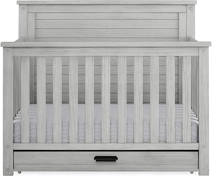 Delta Children Simmons Kids Caden 6-in-1 Convertible Crib with Trundle Drawer, Greenguard Gold Certified, Rustic Mist-CubbioJoy