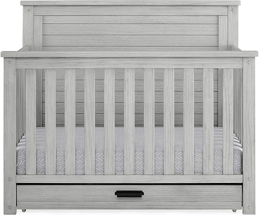 Delta Children Simmons Kids Caden 6-in-1 Convertible Crib with Trundle Drawer, Greenguard Gold Certified, Rustic Mist-CubbioJoy
