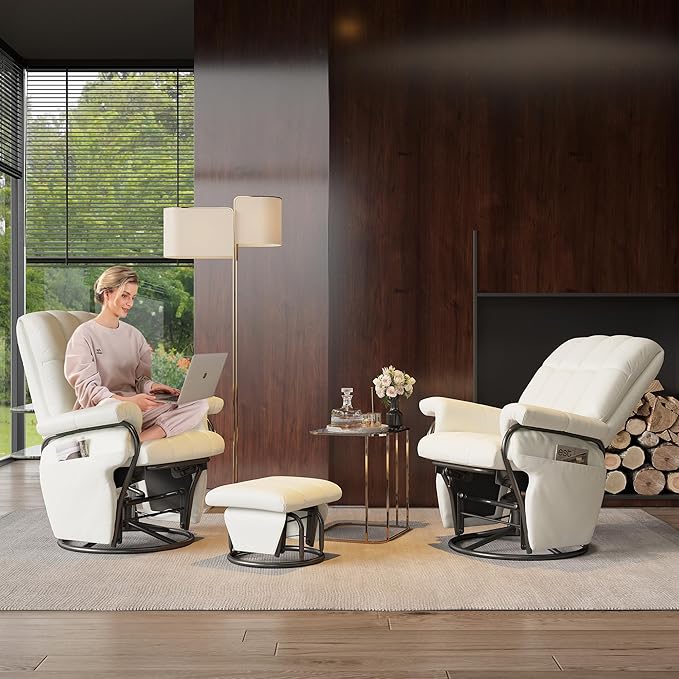JIASTING 360° Swivel Leather Recliner Chair with Ottoman & Double Side Pockets, Nursing Glider Rocking Recliner Chair, Gliding Chairs for Nursery, Living Room, Office, Bedroom, Metal Frame (White)-CubbioJoy