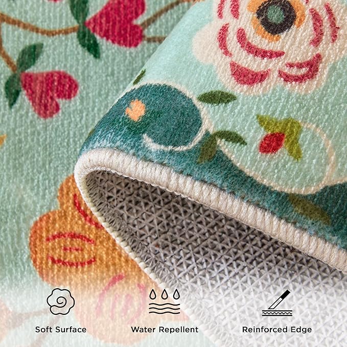 2x3 Washable Rug for Entryway, Floral Green Soft Small Area Rug, Non Slip Doormat Indoor Entrance Carpet, Flower Low Pile Front Door Throw Rug for Bedroom, Kitchen, Laundry, Bathroom, Sage Green-CubbioJoy