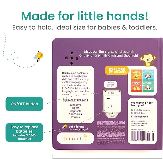 Binibi Spanish Books for Babies & Toddlers 1-3 La Selva Bilingual Sound Book with Jungle Animal Sounds | Bilingual Children's Book | Support Spanish Learning for Kids | Libro en español para bebés-CubbioJoy