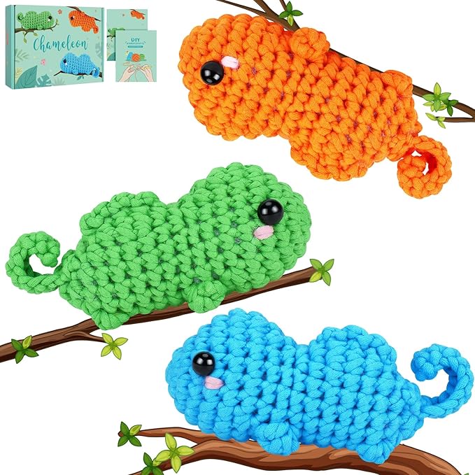 Crochet Kit for Beginners - 3 PCS Baby Chameleon Crochet Kits with Step-by-Step Video Tutorials, Beginner Crochet Kit for Adults Kids, Chameleon Crocheting Set (Orange&Blue&Green)-CubbioJoy