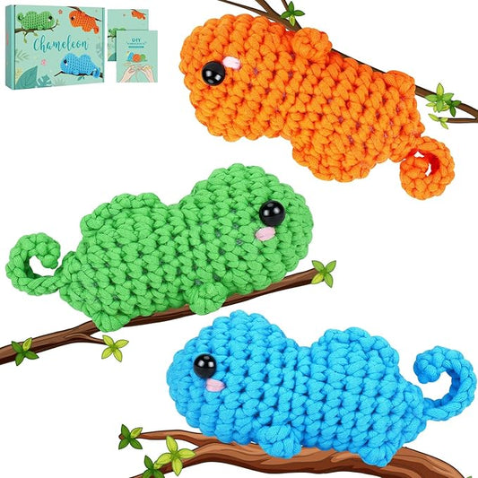 Crochet Kit for Beginners - 3 PCS Baby Chameleon Crochet Kits with Step-by-Step Video Tutorials, Beginner Crochet Kit for Adults Kids, Chameleon Crocheting Set (Orange&Blue&Green)-CubbioJoy