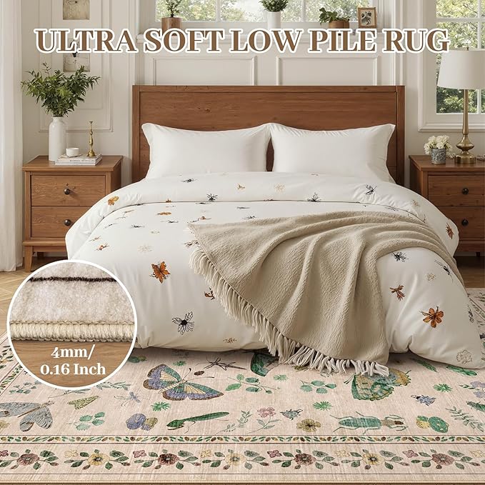 5x7 Washable Area Rug with Insect Print - Bug Rug Non-Shedding Stain Resistant Soft Carpet for Bedroom, Low Pile Ultra-Thin Machine Washable Carpet for Dining Room, Kids Nursery, Office (5'x7' Beige)-CubbioJoy