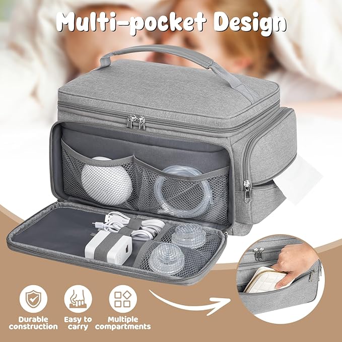 Breast Pump Bag for Spectra S1 S2 with Waterproof Mat, Breast Milk Cooler Bag for Pump Essentials, Pumping Bags for Working Mom Travel Camping, Grey-CubbioJoy