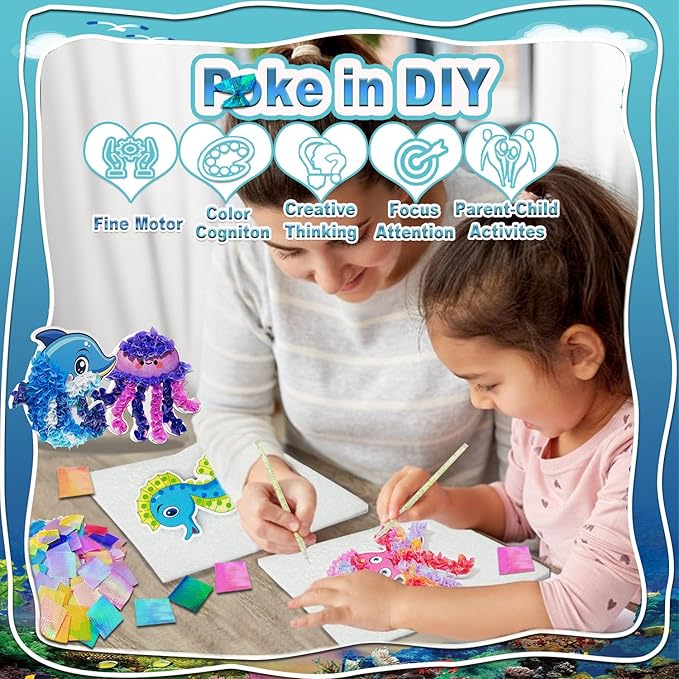 JRD&BS WINL Magical Ocean Animal Poke Art - Dolphin, Jellyfish, Seahorse, Turtle, Octopus | No-Mess Craft Kit for Kids 4-9 | Marine Biology Learning Toy | Creative Gift for Preschoolers-CubbioJoy