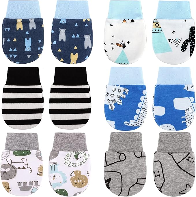 6 Pairs Newborn Baby Mittens No Scratch Gloves Infant Toddler Anti Scratch Essentials Unisex Cotton for 3-9 Months Girls Boys (Gray Series, Cool)-CubbioJoy