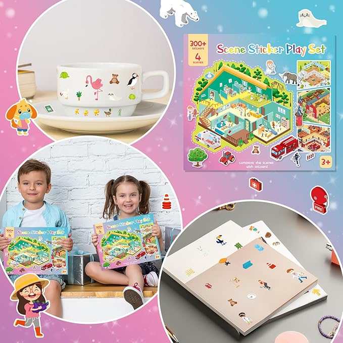 3D Sticker Scene Play Set – 4 Scenes with 300+ Stickers, Reusable Sticker Book, Waterproof Stickers for Kids & Adults-CubbioJoy