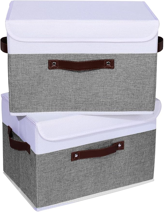 ANMINY 4PCS Storage Boxes with Lid Washable Decorative Storage Bins Basket with PU Leather Handle Foldable Linen Fabric Storage Cubes Containers for Home Closet Organizer - Gray White, Large Size-CubbioJoy