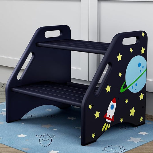 AMBIRD Toddler Step Stool, Space Wooden Two Step Stool for Kids with Non-Slip Pads, Portable Potty Training Stool with Handles for Bathroom, Sink, Kitchen, Bedroom-CubbioJoy