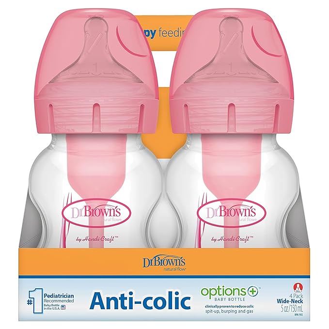 Dr. Brown's Natural Flow Anti-Colic Options+ Wide-Neck Baby Bottles 5 oz/150 mL,with Level 1 Slow Flow Nipple, Pink 4 Pack, 0m+-CubbioJoy