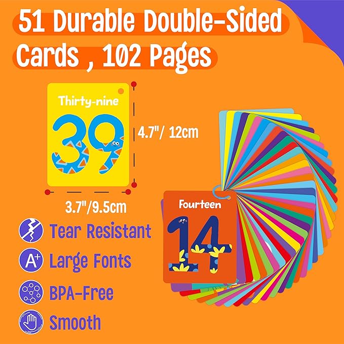 51 PCS Number Flashcards, 0-50 Double Sided Printed Cards with 2 Reclosable Rings, Learn Numbers, Learn to Count-Fun Learning and Educational Flashcards Learning Tool for Kids, Preschoolers, Toddlers-CubbioJoy