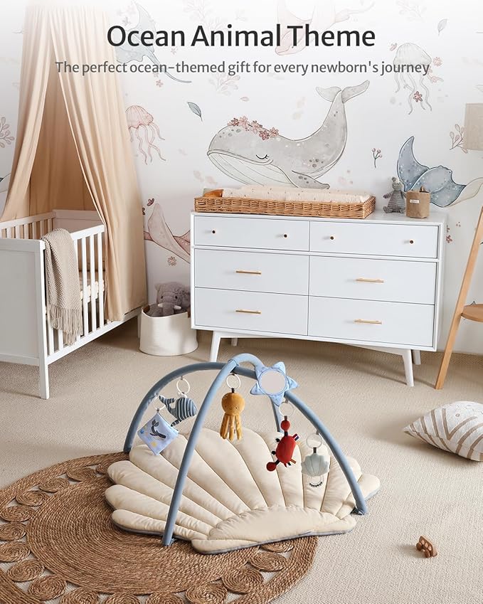 Blissful Diary Shell Baby Play Gym Mat, Softer & Enlarged Tummy Time Mat w 6 Detachable Toys for Sensory & Motor Skill Development, Activity Mat for Newborn Essentials Shower Gift, Boho Ocean Theme-CubbioJoy