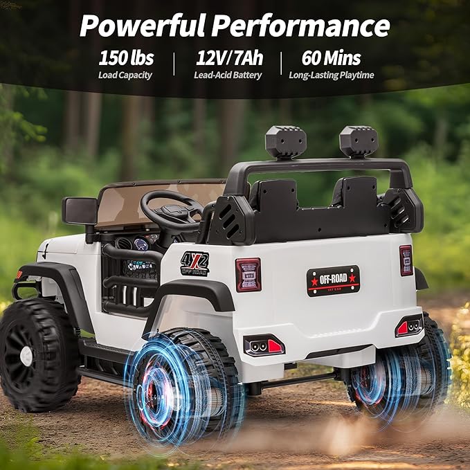 2 Seater Ride on Car Truck, 12V Kids Electric Ride on Toy for Big Kids Age 3-8 w/Remote Control- White-CubbioJoy