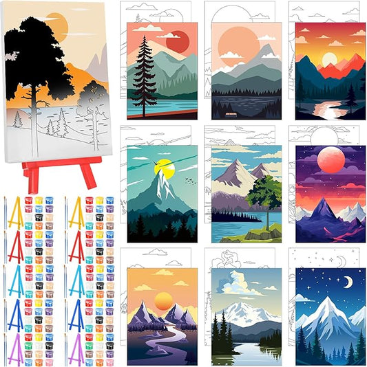 Blosssound 10 Set Pre Printed Canvas Pre Drawn Canvas Painting with Easel Kits 5" x 7" Outline Painting Panels for Beginners, DIY Craft Project, Party Favor, Home Decors(Sunset)-CubbioJoy